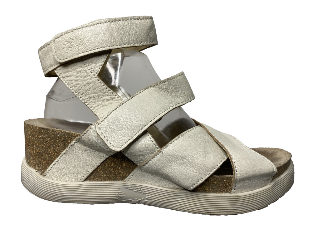 Fly London Wege Platform Sandals White Leather Women's 41 US 10 10.5 Ankle Strap